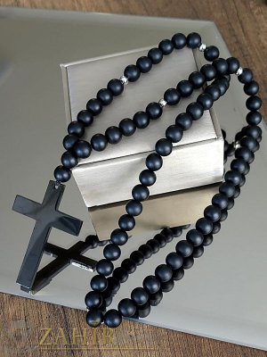 Най-харесваното колие от черен оникс мат 10 мм и черен стоманен кръст 7 на 4 см, ръчна изработка в 2 дължини   - MK1519